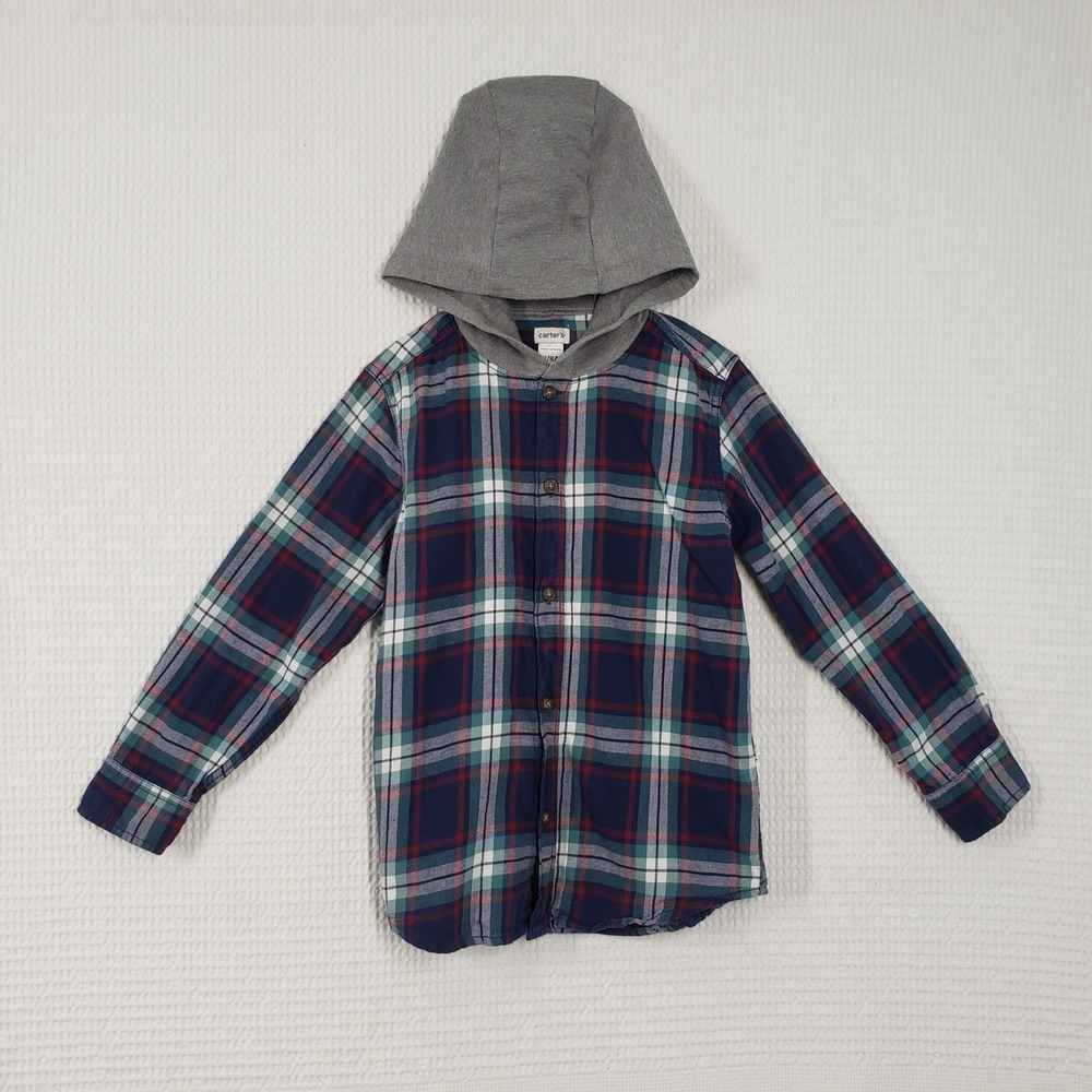 Carter's Hooded Flannel Shirt Boys 8 Blue Plaid Button Up Outdoor Rugged Shacket